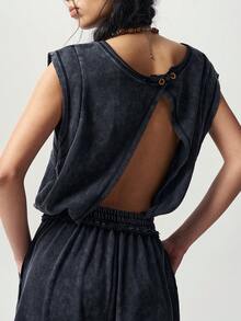 Bohemela Jumpsuit Rajut Polos Kasual untuk Wanita, Cocok untuk Acara Santai Sehari-hari, Musim Panas, Warna Abu-abu Gelap - Hitam - View 5