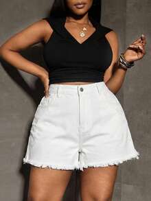 SHEIN PETITE CURVE 女款大尺碼夏季休閒做舊牛仔短褲 - 白色 - 查看 8