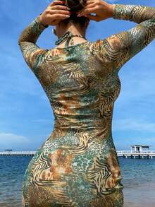 Swim SXY 女款夏季海灘豹紋掛脖綁帶性感時尚比基尼兩件式泳衣套裝，附外罩洋裝 - 彩色 - 查看 4