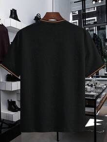 Manfinity Homme Men's Knitted Jacquard Solid Color Textured Collar & Cuff Ribbed T-Shirt - Black - View 2