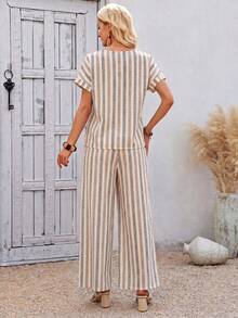 SHEIN LUNE Women's Round Neck Striped Short Sleeve Top And Drawstring Waist Long Pants Casual Daily 2-Piece Set - Multicolor - View 2