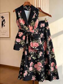 GlowEve CURVE Plus Size Women's Commuter Chic Elegant, Floral Print, Sleeveless Tie-Waist, 2-Piece Skirt Set Wedding Guest Black And White Summer - Black - View 1