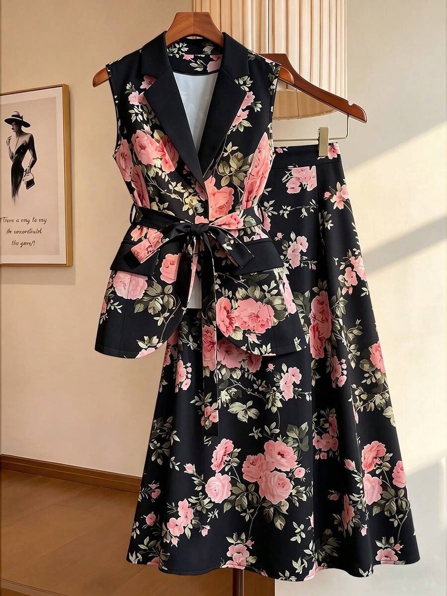 GlowEve CURVE Plus Size Women's Commuter Chic Elegant, Floral Print, Sleeveless Tie-Waist, 2-Piece Skirt Set Wedding Guest Black And White Summer - Black - View 1