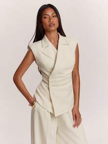 SHEIN BAE Women's White Casual Business Casual Elegant Commute Wide Shoulder Cinched Waist Ruched Sleeveless Top Long Lantern Pants 2-Piece Set Office Summer - Apricot - View 5