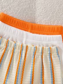 SHEIN Vintaside Kids 6件/套男嬰夏季簡約純色套裝，包含無袖背心上衣與配套短褲，咖啡色、杏色與藍色，寬鬆版型適用於休閒、戶外、派對場合 - 橘色 - 查看 8