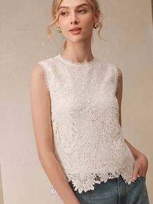 Anewsta Women's Elegant Round Neck Floral Lace Hollow Out Sleeveless Top, Spring/Summer - Apricot - View 6
