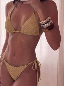 Costavie 2pcs/Set Halter Neck Tie Bikini Swimsuit - Brown - View 2