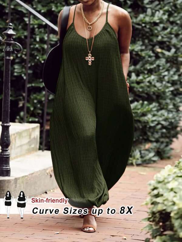 SHEIN CURVE+ 大尺碼女款 2026 春夏優雅通勤休閒無袖寬腿連身褲，適合生日派對、畢業典禮、學生穿搭、日常出遊、度假、郵輪旅行、海灘曬日光浴、商務休閒，極簡休閒度假風，玫瑰色