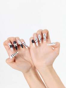 ROMWE Anime 10 Cute Style Note Polka Dot Handmade Fake Nails + 3 Double-Sided Tape, French Reusable Long Almond-Shaped Press-On Nails, Suitable For Daily Wear. - Multicolor - View 2