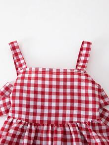 SHEIN 女童無袖紅色格紋A字連身裙，背後綁帶蝴蝶結設計，女童套裝，夏季野餐穿搭，度假度假夏日洋裝，陽光裙，沙灘裙，紅色洋裝，畢業禮服 - 紅色 - 查看 7