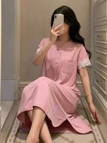 DAZY 女款蕾絲拼接居家休閒連身裙 夏季 - 粉色 - 查看 4