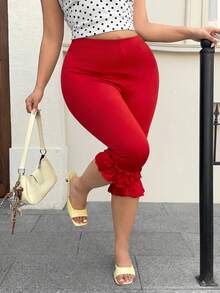 GalTyme Plus Size Women's Solid Color Slimming Fitted Frill Trim 3/4 Length Leggings - Red - View 6