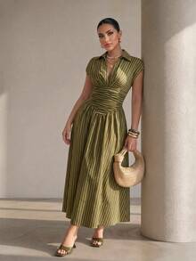 Xyvia Black Elegant Striped Shirt Collar Cinched Waist Full Skirt Long Dress For Women - Multicolor - View 6