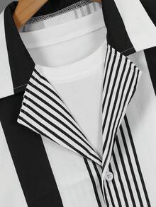 Vacaura 青少年男孩 2 件組休閒舒適條紋襯衫與短褲套裝 - 黑色 - 查看 3