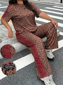 Muchica 大尺碼女款豹紋短袖T恤與長褲休閒套裝 - 棕色 - 查看 2