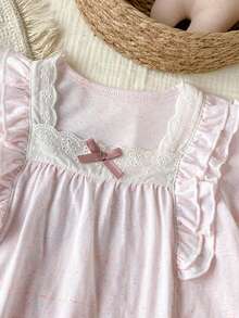 Light Pink Glitter Lace Trim Girls Pajama Set 2pcs, Bow & Ruffle Short Sleeve Top + 3/4 Pants, Princess Style Loungewear - Multicolor - View 3