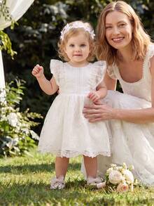 SHEIN Glamorique Kids 女嬰洋裝，白色刺繡網紗，荷葉袖，蕾絲，可愛，生日派對，婚禮節日洋裝，舞會洋裝，畢業洋裝，夏季洋裝 - 白色 - 查看 2