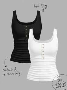 Tseoso 2pcs Casual Minimalist Style Button-Up Tank Top With Ruched Detail, Women's All-Match Layering Tank Top, Versatile For Summer - Multicolor - View 9