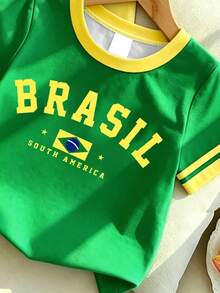 SHEIN 2pcs Girls' American Sports Short Sleeve T-Shirts, Brazil Letter & Flag Print Contrast Ribbed Crew Neck Thin Tops, Suitable For Ball Games, Outings, Daily Wear, Spring, Summer, Early Autumn - Multicolor - View 6