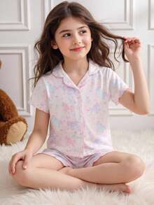 SHEIN 女童粉色甜美可愛短袖短褲舒適兩件式居家服套裝 - 彩色 - 查看 3