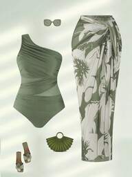 Swim Oasis 2026 New Plus Size Women 2-Piece Green One Shoulder Ruched Mesh Patchwork One-Piece Swimsuit With Matching Print Mesh Skirt Set, Beach Vacation, Summer Holiday Outfit, Party Wear, Elegant Women's Beach Swimwear, Women's Vacation Clothing