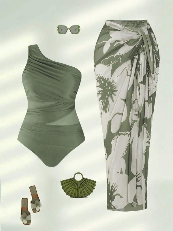 Swim Oasis 2026 Plus Size Women 2-Piece Green One Shoulder Ruched Mesh Patchwork One-Piece Swimsuit With Matching Print Skirt Set Beach Summer Elegant Sexy