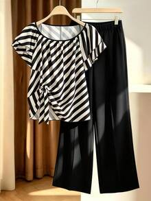 Seusyu Plus Size Slimming Black White Striped Set / Asymmetric Tie Print Top + Drapey Wide Leg Pants 2pcs Set/Casual/Commute Dates Fashion Week Summer - Black - View 3