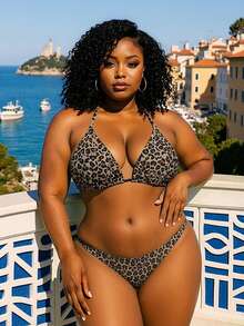 Slaydiva Plus Size Women's Leopard Print Halter Neck Bikini Triangle Top For Beach Vacation - Coffee Brown - View 1