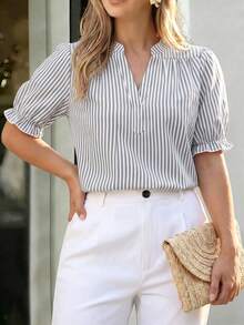 SHEIN CURVE+ Plus Size Women's Casual V-Neck Short Sleeve White Shirt, Spring/Summer Bussines Office - Multicolor - View 9