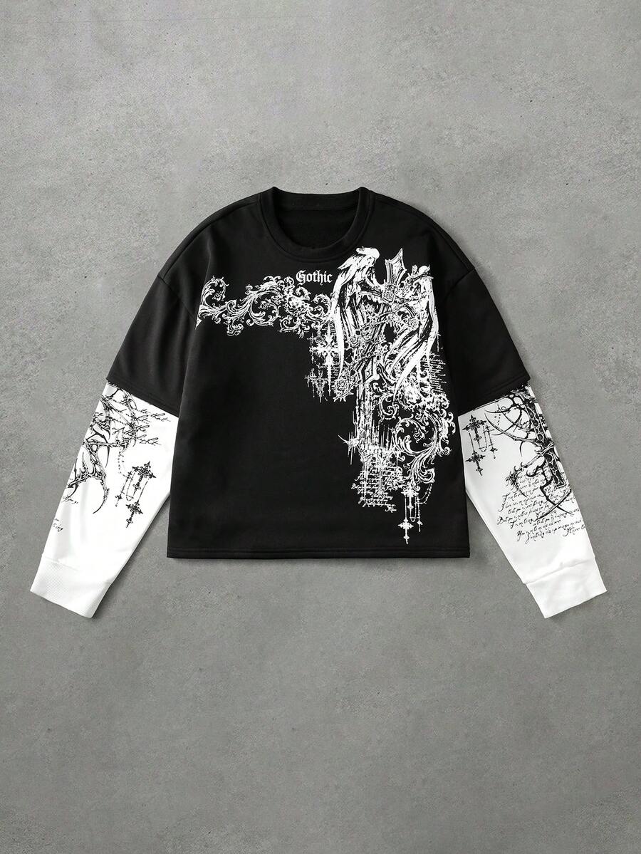 ROMWE MEN Camiseta de hombre con estampado gótico y bloques de color - Negro - Ver 1