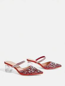 CUCCOO TILAWA Ladies' Fashionable And Elegant Crystal And Rhinestone Pointed Laser Lace Rose Red High-Heeled Shoes, Suitable For Banquets, Parties And Other Occasio - Rose Red - View 4