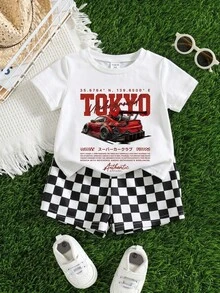 2 Pieces Casual Cute Car Pattern Knitted Vest And Plaid Shorts Set For Boys, Racing Set, Motorcycle S - White - View 6