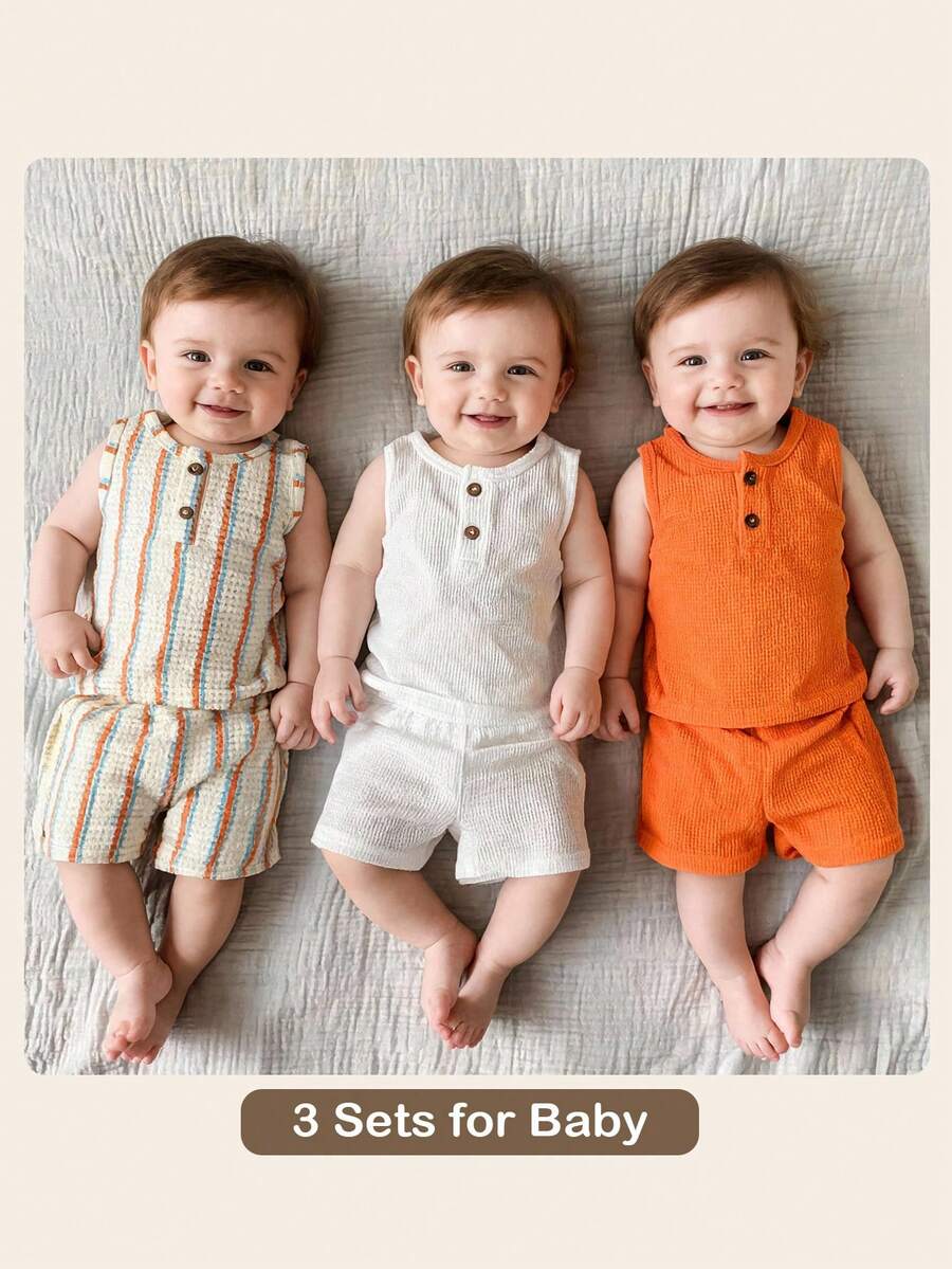 SHEIN Vintaside Kids 6件/套男嬰夏季簡約純色套裝,包含無袖背心上衣與配套短褲,咖啡色、杏色與藍色,寬鬆版型適用於休閒、戶外、派對場合 - 橘色 - 查看 1