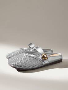 Solecia Mules d'été en maille respirante ajourée, bout carré, talon épais, style rétro, pour le trajet, les rendez-vous, le shopping et le port quotidien, couleur argent - Argent - Voir 5