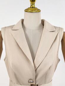 SHEIN LUNE Women's Metal Buckle Button Blazer Vest And Casual Blazer Shorts Set - Apricot - View 4