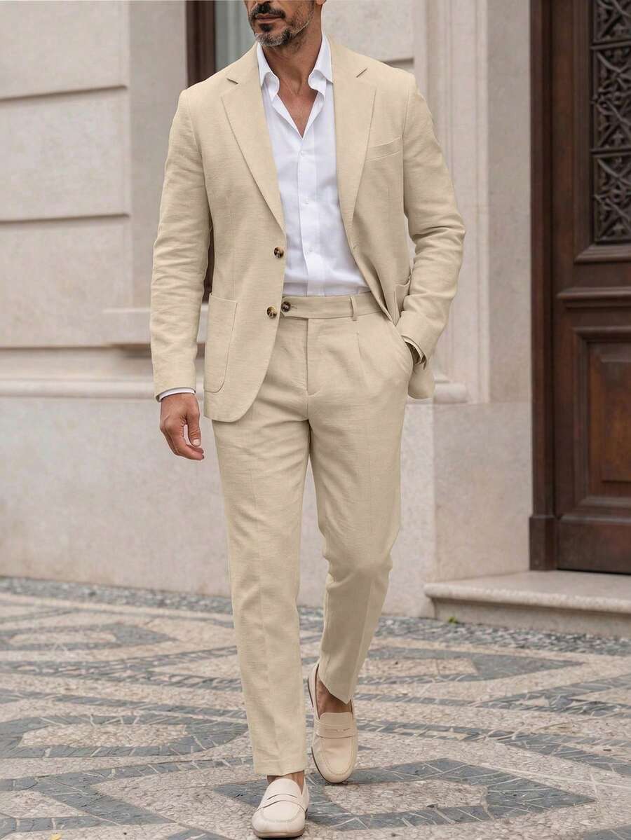 Manfinity Mode Traje de negocios de unicolor simple para hombre, incluye blazer y pantalones, para ceremonia - Caqui - Ver 1