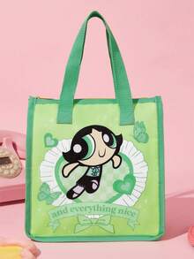 THE POWERPUFF GIRLS X SHEIN 1個印花圖案保溫午餐袋，可保溫或保冷，野餐袋，大容量，可裝午餐盒和飲料，適合野餐、露營、旅行、家庭使用，適合家庭、學生、友誼，花卉、泡泡、毛茛 - 淡綠色 - 查看 4