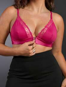 EmpressEnvy Front Closure, Lifting, Lace Trim, Comfortable Lace Patchwork Padded Bra & Wireless Bra, Plus Size - Hot Pink - View 3
