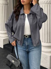 Easura Chaqueta casual de unicolor para primavera/otoño de talla grande - Gris Oscuro - Ver 4