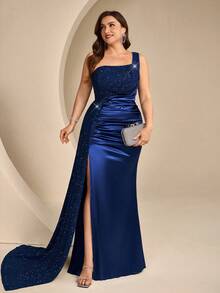 Coutiva Plus Size Women's Patchwork Sequin One Shoulder Sleeveless Pleated Formal Evening Gown - Navy Blue - View 6