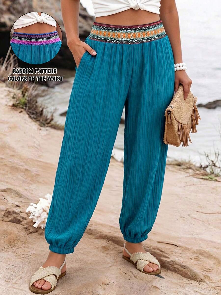 Ceyna Plus Size Women's Autumn New Long Pants, Cuffed Hem, Textured Knit Fabric, Waistband Patchwork, Thin Harem Pants, Loose Fit, Beach Dusty Blue Boho
