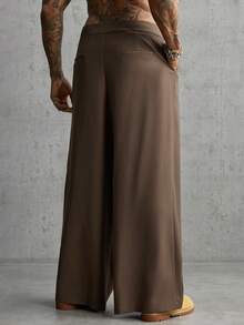AXEPEAK Men's Pocket Pleated Design Wide Leg Loose Pants - Brown - View 3