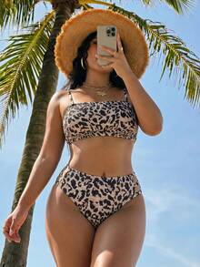 Slaydiva 2026 New Spring/Summer Plus Size 2-Piece Leopard Print Random Pattern Bikini Set With Front Ruched Design And Detachable Shoulder Straps For Women, Suitable For Beach Vacation Wear - Multicolor - View 4