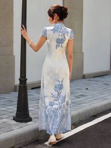 EastFlair Women's Floral Print Frog Button Ruched Side Slit Dress Tea Party White And Blue Floral Summer Elegant For Everyday Wear - Blue and White - View 8