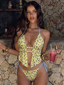 Swim Vcay Conjunto de Maiô Feminino de Duas Peças, Top de Banho Floral Sexy e Moderno com Contas e Costas Abertas, Calcinha de Maiô Bikini Triangular com Amarração Lateral, Novo Estilo Primavera/Verão - Multicolorido - Visão 3