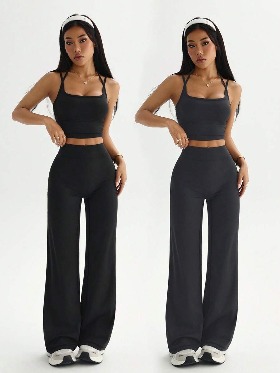 Velisys Velisys Solid Color Cropped Camisole & Long Pants Sports Set - Multicolor - View 1