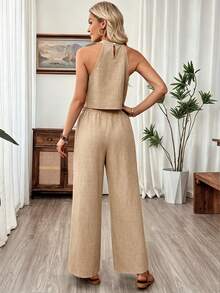 SHEIN Holidaya Setelan Kasual 2 Potong Wanita Warna Polos Model Tank Top Halter Neck dan Celana Panjang untuk Liburan - Khaki - View 2