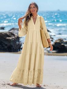 Sylviya Casual Women's Summer V-Neck Yellow Beach Dress - Apricot - View 5