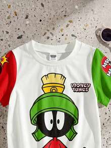 LOONEY TUNES X SHEIN GraphicGems 1件小男孩休閒可愛卡通火星人馬文印花條紋夏季花卉圖案圓領短袖T恤，夏季 - 彩色 - 查看 3
