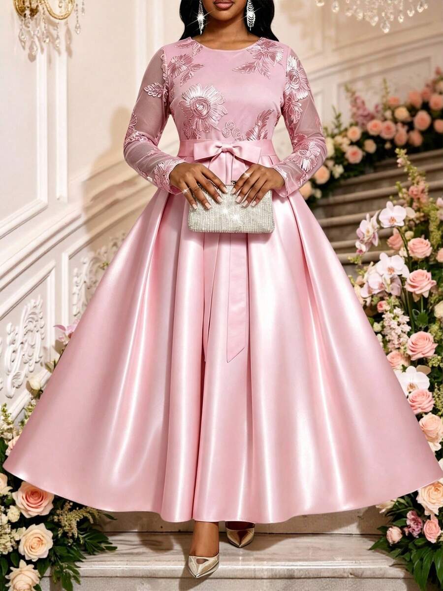 Fleurora 秋冬季优雅端庄派对婚礼圣诞节情人节音乐会/音乐节鸡尾酒会米色提花缎面圆领舞会礼服,系带长袖加大码女式新年粉色连衣裙新年女士派对长裙黄色新年连衣裙优雅女士连衣裙女士正式连衣裙加大码正式连衣裙婚礼奢华晚礼服婚礼派对连衣裙婚礼宾客连衣裙 - 粉色 - 查看 1
